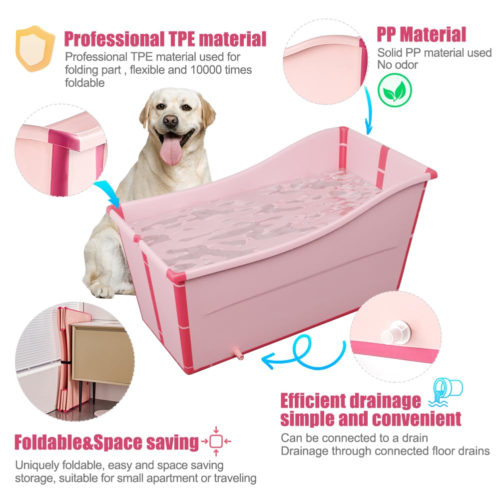 Minandhua Portable Dog Bathtub for Large Dogs - 48.4Gal Foldable Pet Wash Station with Drain Plug, Insulated & Non-Slip Design for Indoor/Outdoor Bathing, Grooming, Camping（Pink）