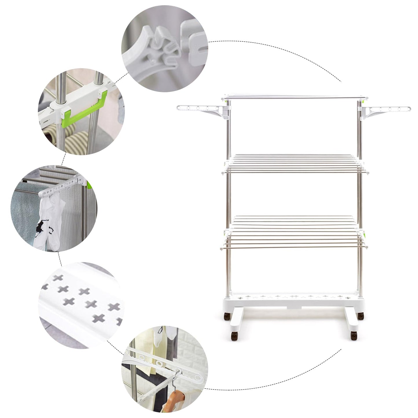 Ergocar Airer Clothes Drying Rack, 4-Tier Foldable Clothes Hanger, Adjustable Stainless Laundry Dryer Hanger, Rolling Clothes Drying Rack with Wheels, for Indoor & Outdoor, White