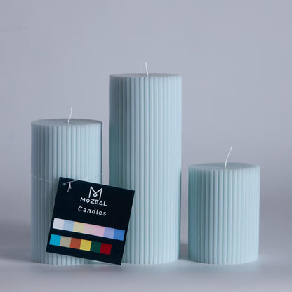 MOZEAL Hand-Poured Classic Ribbed Soy Pillar Candles Set of 3 - Decorative Baby Blue Unscented Dripless Smokeless (3"x4",6",8") 300 Hr Burn - Timeless Home Décor