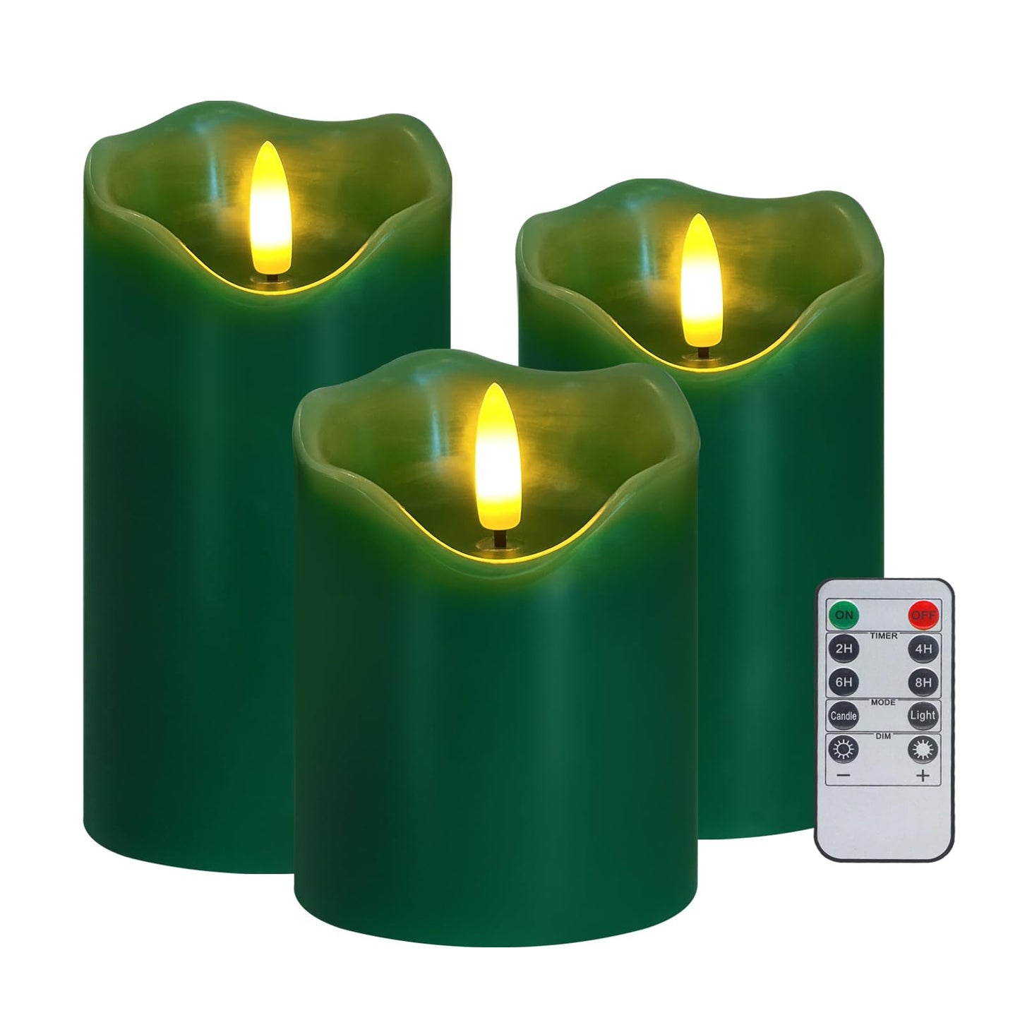 Flameless Candles Lights, Set of 3 Flickering LED Candles with Remote & Timer, Dimmable Electric Pillar Candles Battery Operated, Green Candles for Home St. Patrick’s Day Christmas Decor (Green)