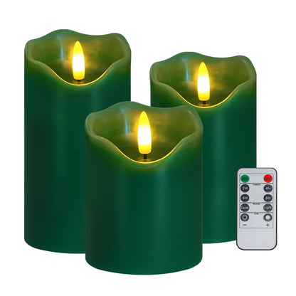 Flameless Candles Lights, Set of 3 Flickering LED Candles with Remote & Timer, Dimmable Electric Pillar Candles Battery Operated, Green Candles for Home St. Patrick’s Day Christmas Decor (Green)