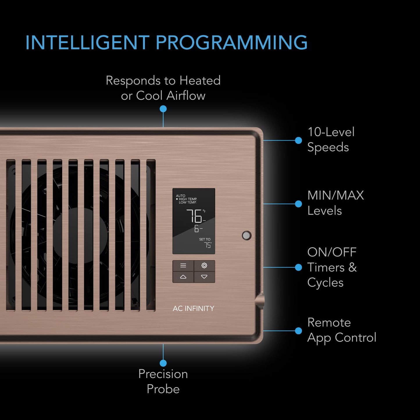 AC Infinity AIRTAP T4 Bronze, Register Booster Fan for 4” x 10” Register Holes, Improves Heating & Cooling Vents, Quiet 10-Speeds, Bluetooth App Control Data Alerts. ONLY FITS 4” x 10” Duct Openings