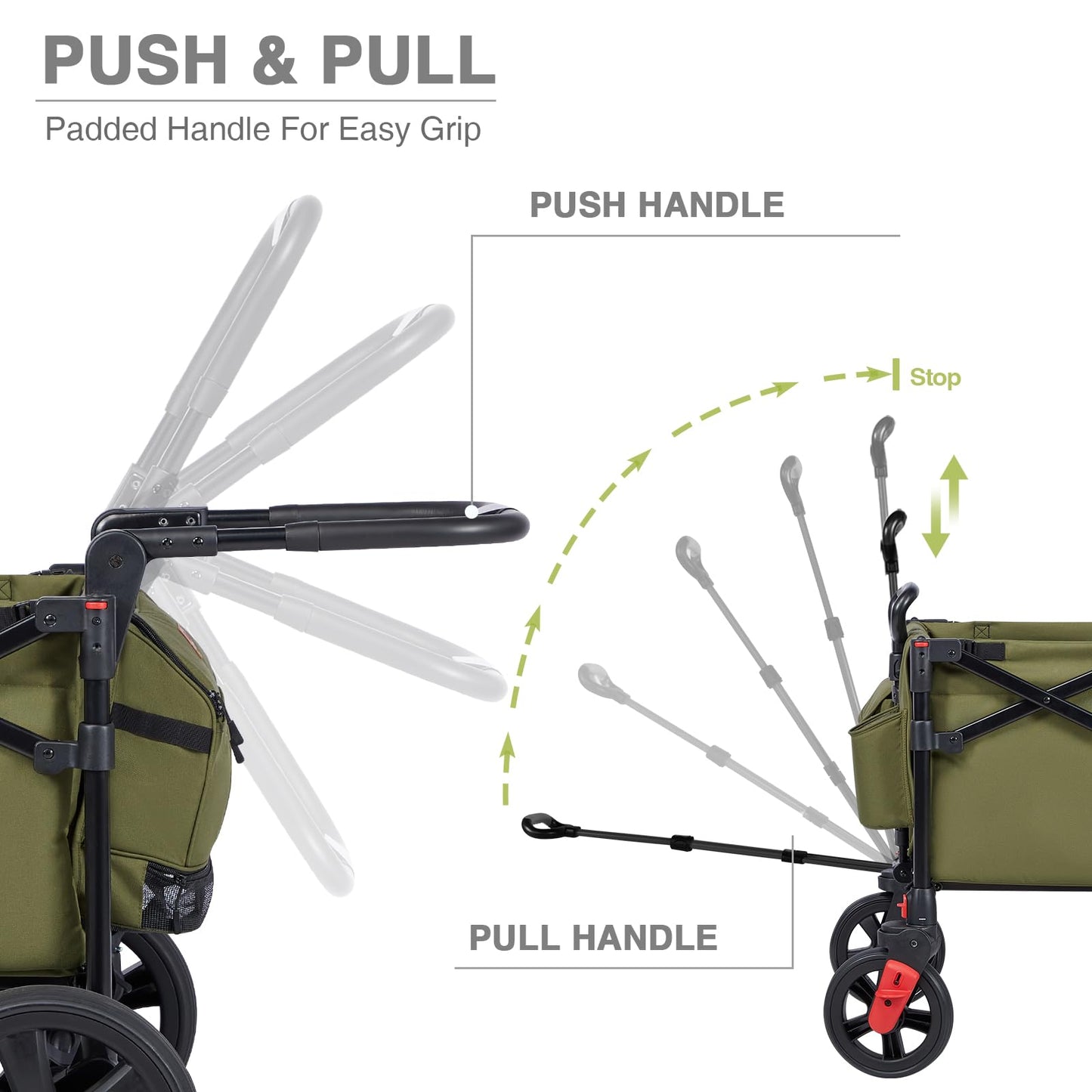 EVER ADVANCED Foldable Wagons for Two Kids & Cargo, Collapsible Folding Wagon Stroller with Adjustable Handle Bar,Removable Canopy with 5-Point Harness,Green