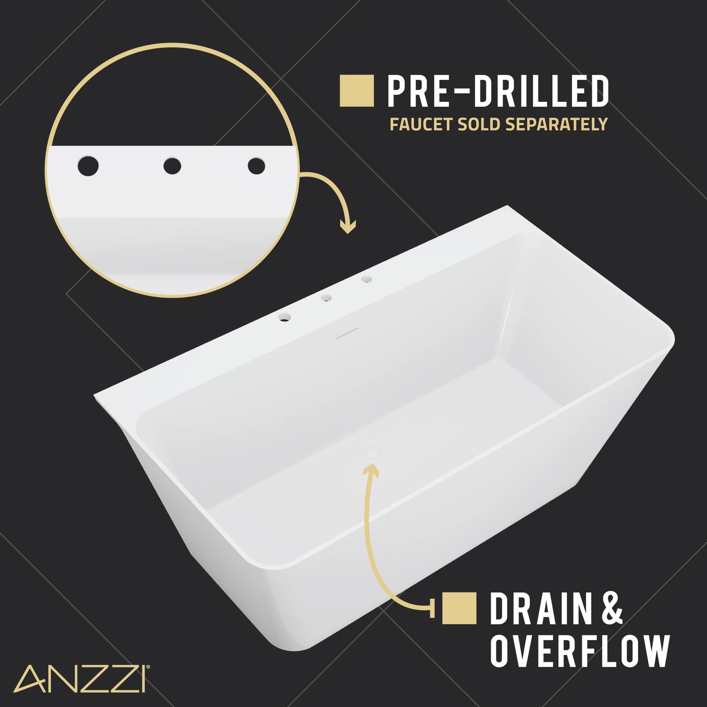 ANZZI Freestanding Tub 59," Acrylic, Modern Stand Alone Soaking Tub, Built In Drain and Overflow, Free Standing Tub with Pre-drilled Faucet Holes, Series (FT-AZ114-59)