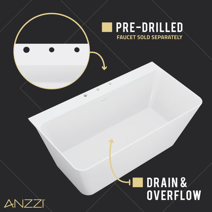 ANZZI Freestanding Tub 59," Acrylic, Modern Stand Alone Soaking Tub, Built In Drain and Overflow, Free Standing Tub with Pre-drilled Faucet Holes, Series (FT-AZ114-59)