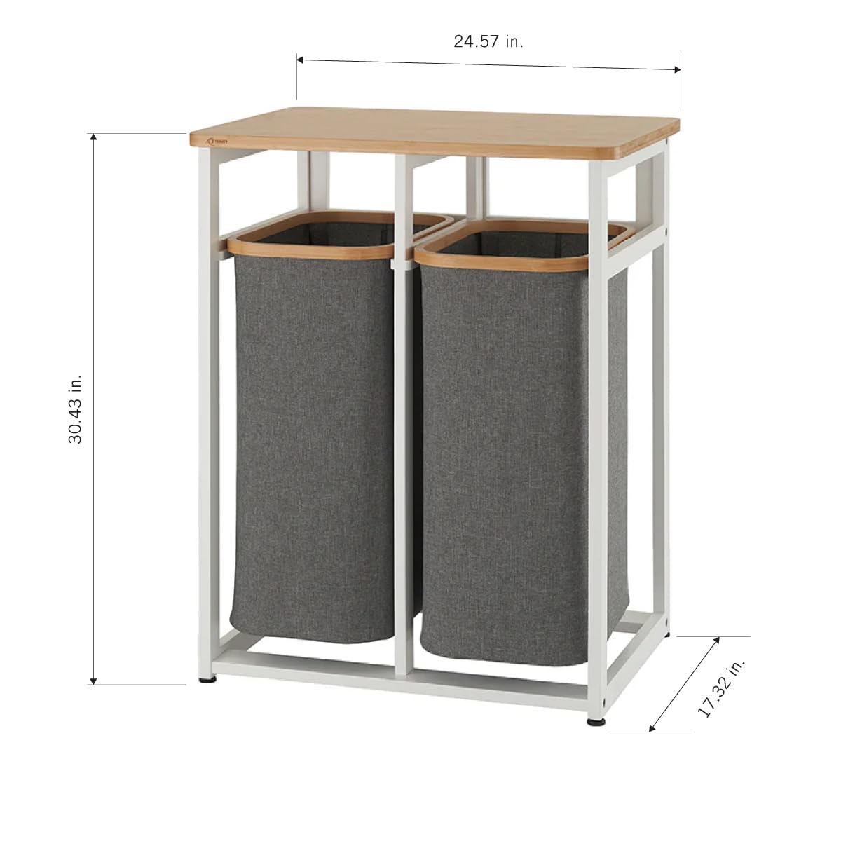 TRINITY EcoStorage Bamboo Wood Laundry Organizer Station with Folding Shelf and 2 Pull-Out Removeable Hamper Bags, White