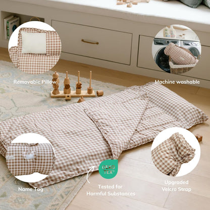Bloomere Organic Toddler Nap Mat – 100% Cotton Fabric Kids Washable Sleeping Mat & Detachable Pillow – Sleeping Bag with Soft 1.5” Pad – Nap Mat for Daycare, Preschool, & Sleepovers (Brown Gingham)