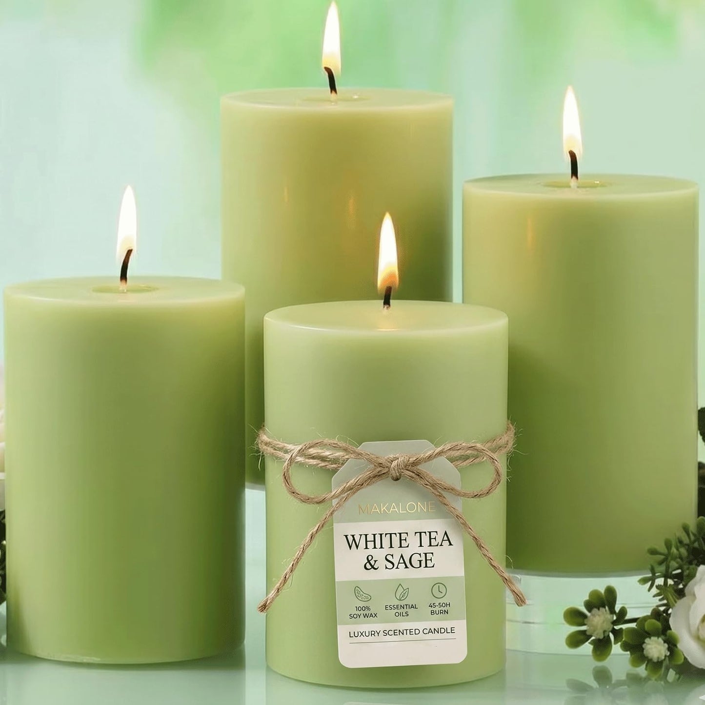 4 Pack Sage & White Tea Scented Pillar Candles-2.8x4 Inch Sage Green Soy Wax Candles-240 Hour Long Lasting Burning,Spring Aromatherapy, Non-Toxic & Smokeless for Home Decor, Dinner,Stress Relief&Gift