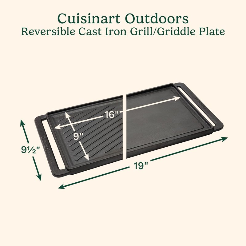 Cuisinart Reversible Cast Iron Grill/Griddle Plate, 15.75” x 9” Pre-Seasoned Cooking Surface with Flat and Ribbed Sides, Stovetop Griddle for Electric Ranges, Use on Stove, Campfire, or Gas Grill