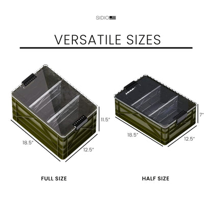 SIDIO Crate Pro Pack - 2 Full-Size & 1 Half-Size Heavy Duty Stackable Storage Bins, Totes and Containers with Lids and Dividers - Durable Plastic Organizer for Home, Office, Garage, and Outdoor Use