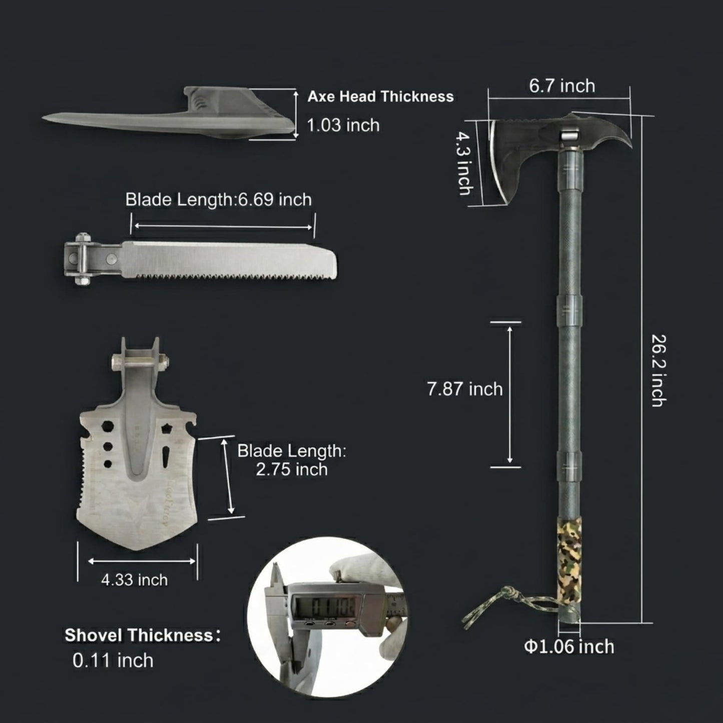 Muti-Functional Axe, Shovel, Saw Knife Kit, 5Cr13 Martensitic Stainless Steel Axe Head, 7075 Aluminum Camping Hatchet. Secure Locking Collar Hatchet.