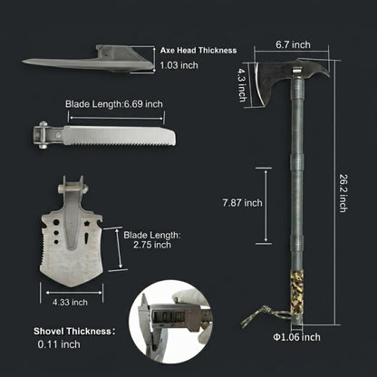 Muti-Functional Axe, Shovel, Saw Knife Kit, 5Cr13 Martensitic Stainless Steel Axe Head, 7075 Aluminum Camping Hatchet. Secure Locking Collar Hatchet.