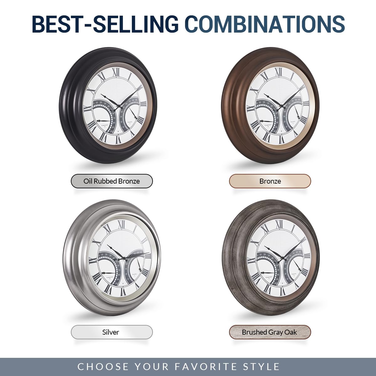 ANDY STAR 24 Inch Outdoor Clocks Waterproof,Large Outdoor Wall Clocks for Patio with Thermometer, Weatherproof Illuminated Clock Battery Operated with Thermometer&Hygrometer,Oil Rubbed Bronze Black