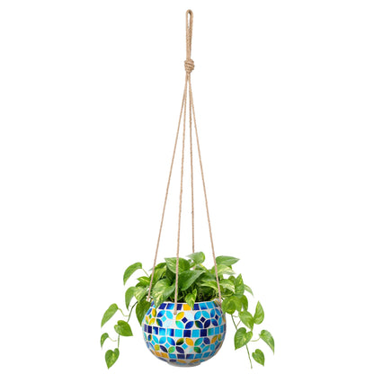 Chonsun Ceramic Hanging Planter Mosaic Hanging Flower Pot Small Plant Pot for Indoor Plant Garden Decor Disco Ball Planter with Drainage Square Blue