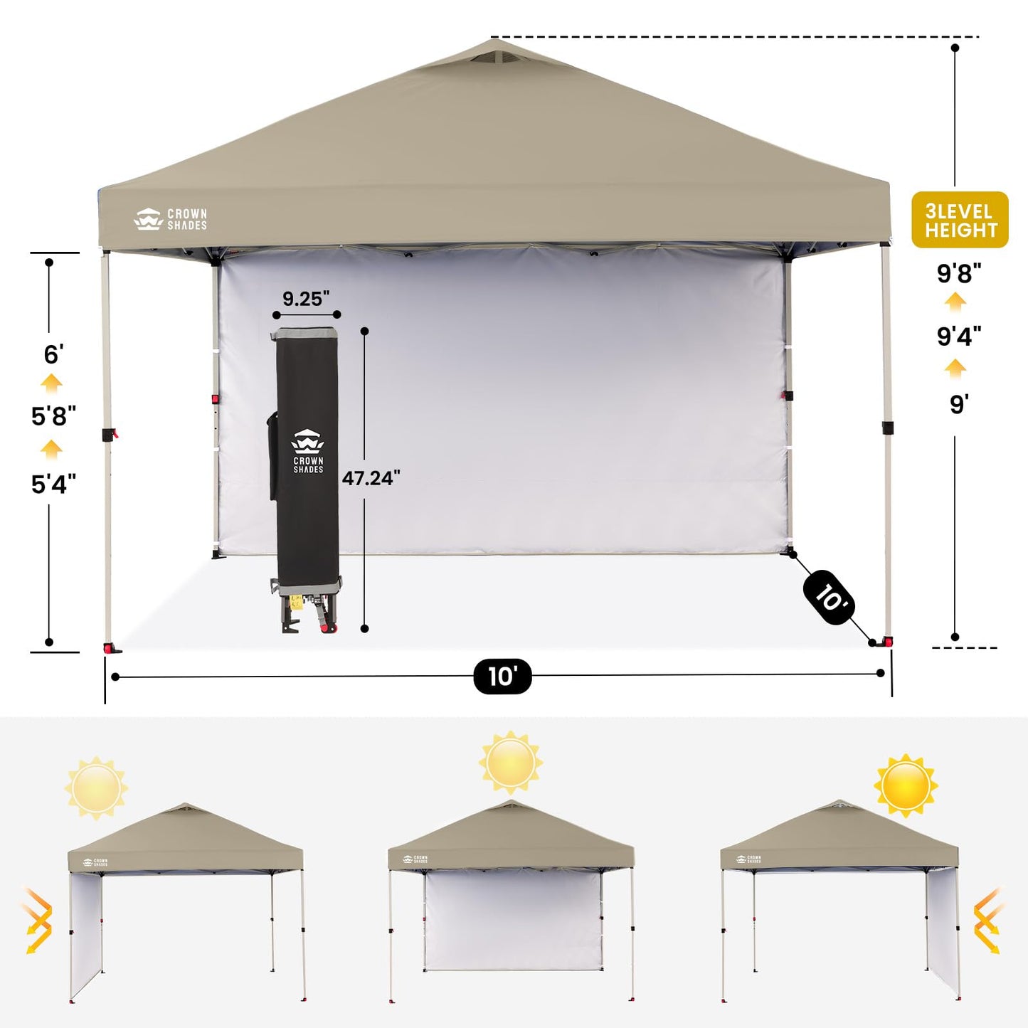 CROWN SHADES 10x10 Pop Up Canopy with 1 Side Wall - Beach Tent with One Push Setup - Outdoor Sun Shade for Events, Parties, Camping - Gazebo with STO-N-Go Cover Bag (Beige)