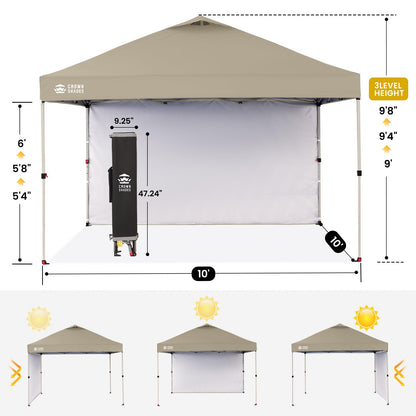 CROWN SHADES 10x10 Pop Up Canopy with 1 Side Wall - Beach Tent with One Push Setup - Outdoor Sun Shade for Events, Parties, Camping - Gazebo with STO-N-Go Cover Bag (Beige)