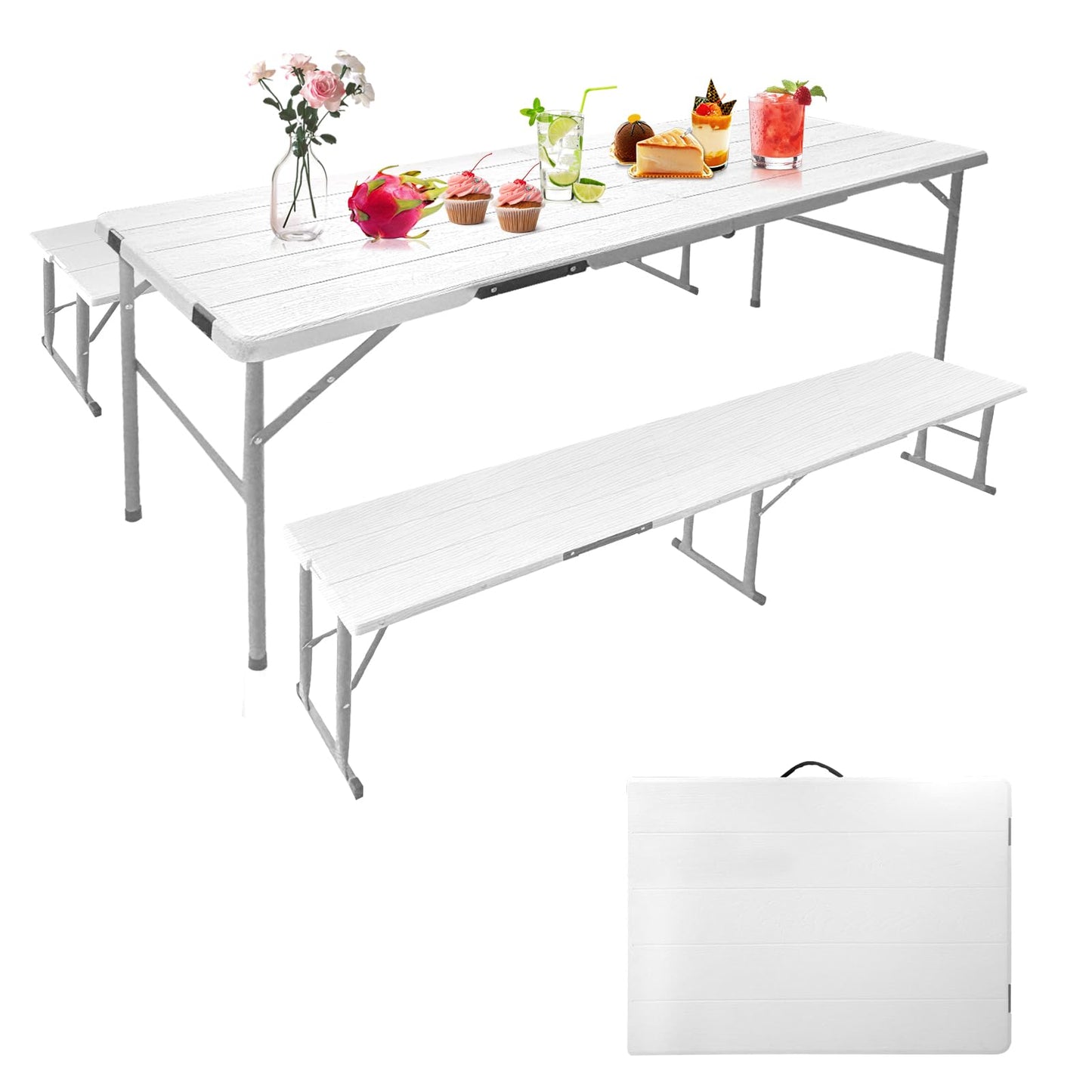 HiEthan Picnic Table Set with 2 Benches, 5FT Portable Folding Picnic Table for Indoor Outdoor, Camping Patio Dining, Heavy Duty Metal Frame, Compact Carry for Backyard, White
