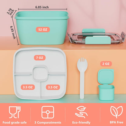 Cherrysea Salad Lunch Container, Salad Bowls with 3 Compartments Tray,Leak Proof Lunch Box with Fork for Men,Women BPA-Free Snack Container with Sauce Container for Dressings-Pink