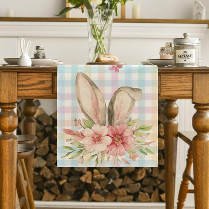 Artoid Mode Colourful Buffalo Plaid Bunny Ears Flower Easter Table Runner, Spring Seasonal Holiday Kitchen Dining Table Decoration for Home Party Decor 13 x 72 Inch