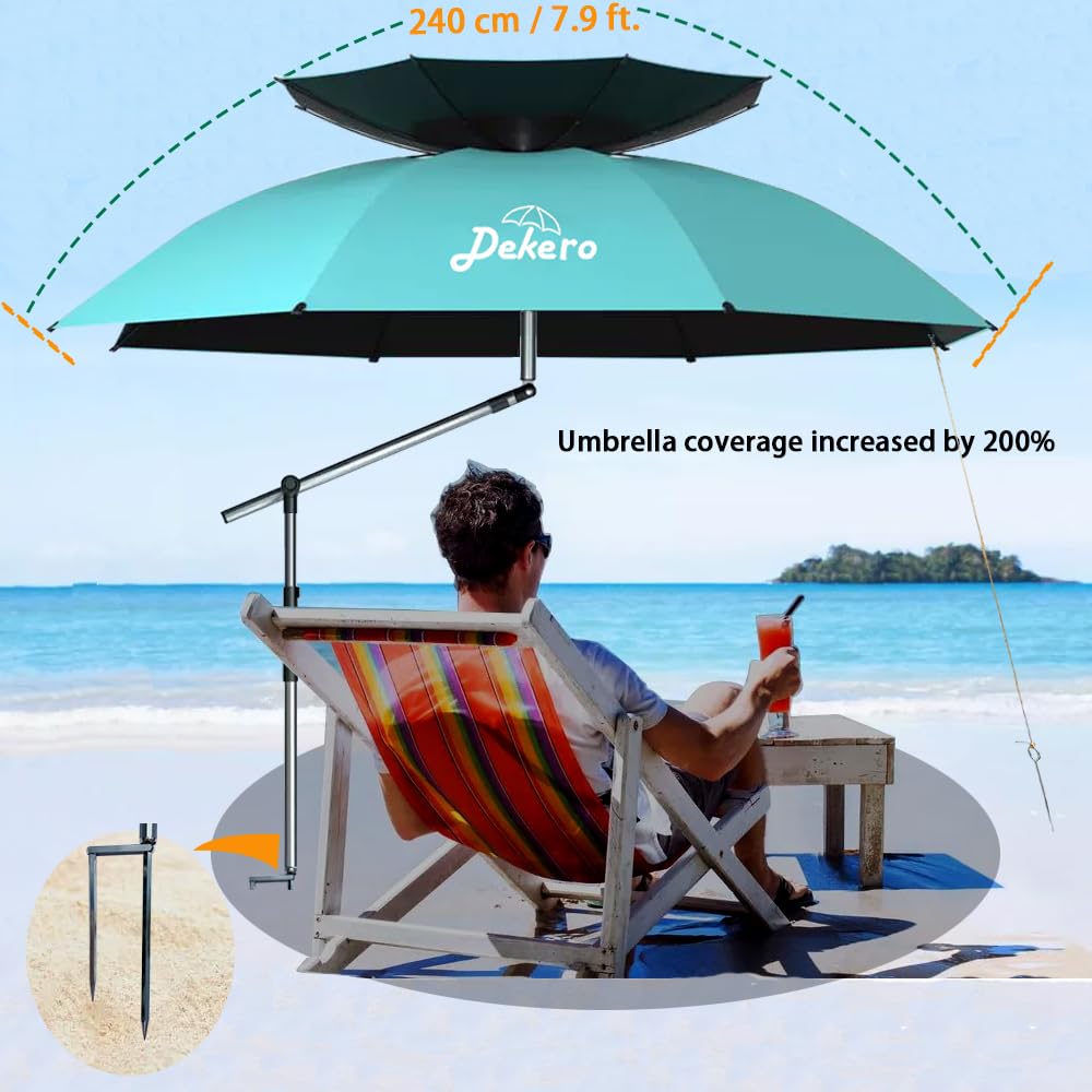 Dekero 8ft Heavy Duty Beach Umbrella with Sand Anchor, High Wind Resistant Large Beach Umbrella with UV Protection, Adjustable Tilt Pole, Ventilated Canopy & Carry Bag for Beach, Fishing, Camping