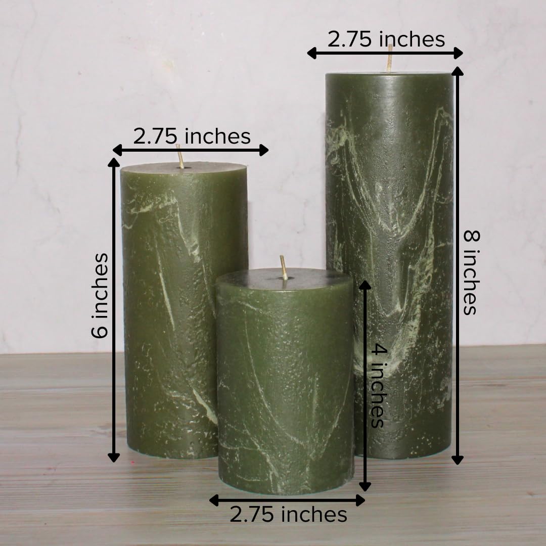 Simply Soson 3x4, 3x6, 3x8 inch Dark Moss Green Pillar Candles, Set of 3 Pillar Candles, Rustic Texture, Unscented Green Candles Dripless Candles Ideal as Wedding Parties Spa Dinner Home Decor Church
