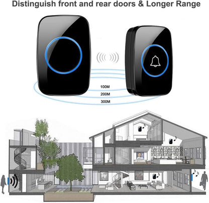 Wireless Doorbell, Waterproof Door Bell Kit, Distinguish Front and Rear Doors, Over 1000 feet Range and 60 Chime, 5 Levels Volume and LED Flash, for Home Office Classroom