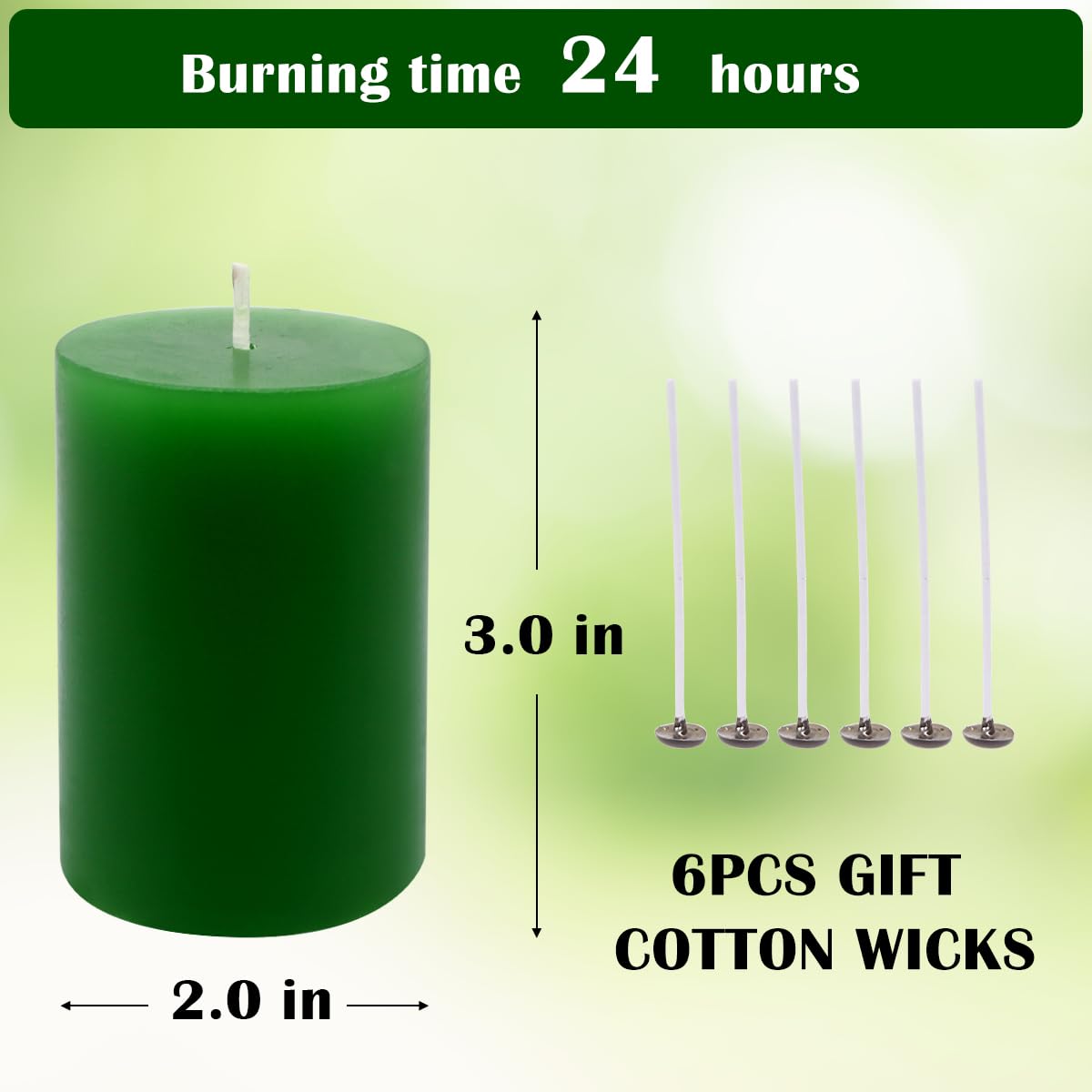 2"x3" Green Pillar Candles, Hand-Poured Candles Set of 12, Emergency Candles, Dripless Pillar Candles for Weddings, Parties, Halloween, Church, Home Décor