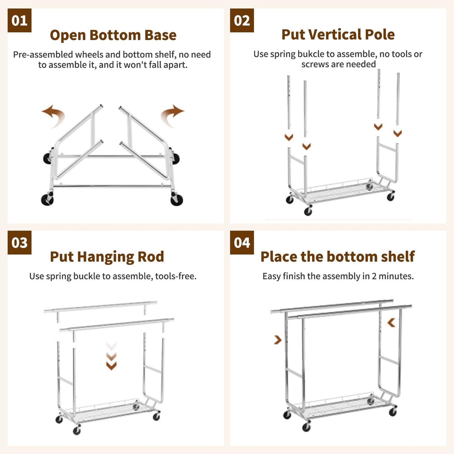 YJTTSMUL Double Rod Clothes Rack, Heavy Duty Rolling Clothing Rack With Shelves, Double Rod Clothing Racks for Hanging Clothes & Bags, Portable & Adjustable Clothes Rack with Wheels Garment Rack