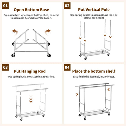 YJTTSMUL Double Rod Clothes Rack, Heavy Duty Rolling Clothing Rack With Shelves, Double Rod Clothing Racks for Hanging Clothes & Bags, Portable & Adjustable Clothes Rack with Wheels Garment Rack