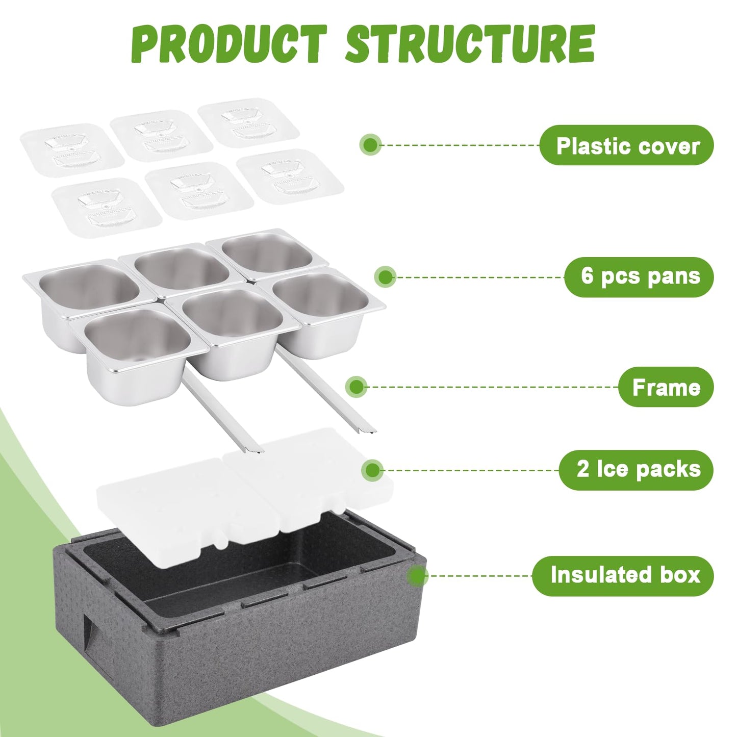 Tragaomx Insulated Cold Food Buffet Ice Serving Trays 6 Lids 6 Pans 2 Ice Packs Insulation Box Cooled Condiment Serving Container Ice Platter Food Cooler for Parties Buffets Fruit Market