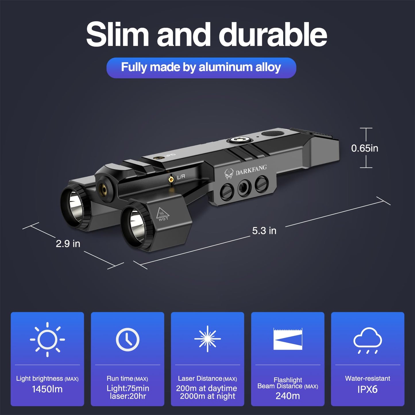 DARKFANG 1450 Lumen Tactical Flashlight with Green Laser Beam Combo, Low Profile Design Rechargeable Weapon Light for Picatinny Rail
