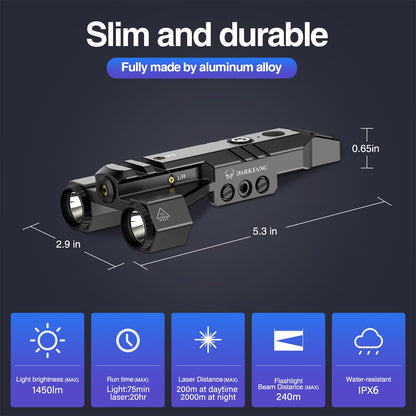 DARKFANG 1450 Lumen Tactical Flashlight with Green Laser Beam Combo, Low Profile Design Rechargeable Weapon Light for Picatinny Rail