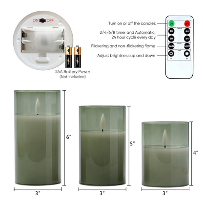 5plots Glass Battery Operated Green Flameless Candles with Remote Timer, 3D Wick Real Wax Pillar Led Candles Warm Flickering Light for Indoor Home, Halloween, Christmas Decor D3 x H4 5" 6", Set of 3