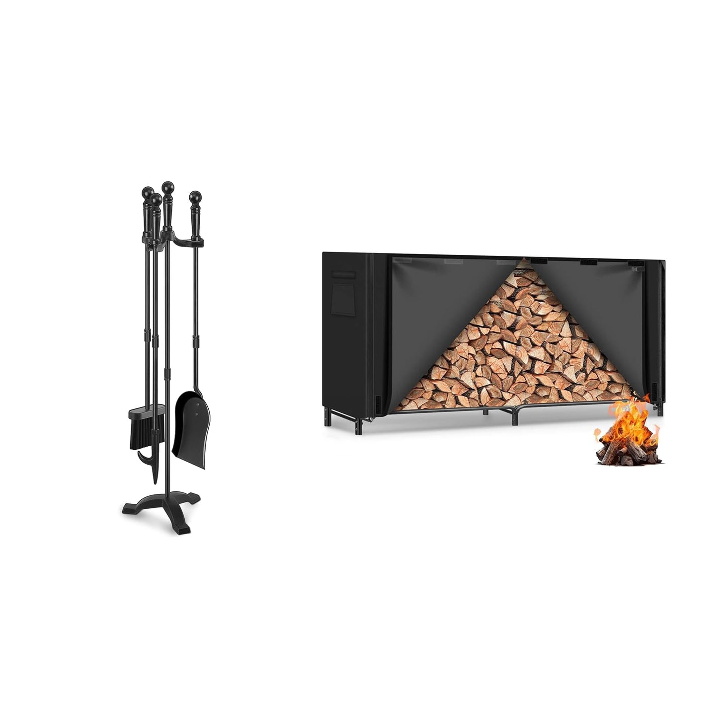 Gtongoko Fireplace Tools Set 4 Pcs 30 Inch Black Wrought Iron Bundle 8ft Firewood Rack Outdoor with Cover