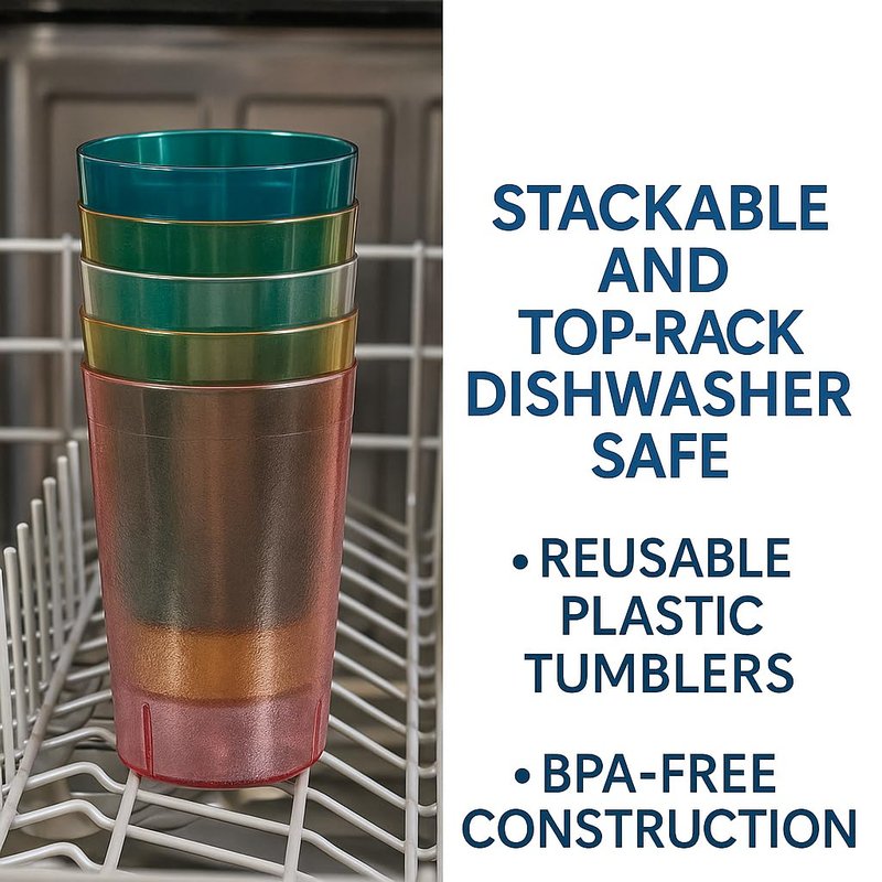 Oojami Set of 16 Plastic Tumblers, 20-Ounce Reusable Cups, BPA-Free & Shatterproof, Stackable Restaurant-Style Drinking Glasses for Water, Juice, and Everyday Use, Dishwasher Safe 20 oz