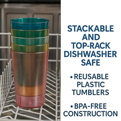 Oojami Set of 16 Plastic Tumblers, 20-Ounce Reusable Cups, BPA-Free & Shatterproof, Stackable Restaurant-Style Drinking Glasses for Water, Juice, and Everyday Use, Dishwasher Safe 20 oz