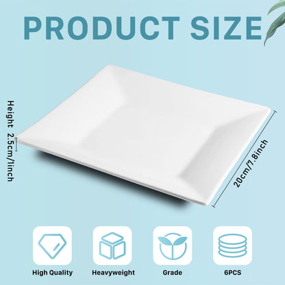 Cabaubl Appetizer Plates Set of 6,8 Inch Porcelain Square Dinner Plates,White Salad Plates,Square Serving Plate for Steak,Pasta,Dessert, Scratch Resistant, Microwave and Dishwasher Safe