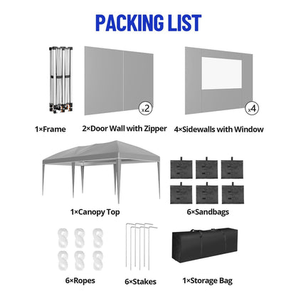10x20 ft Party Tent, Heavy Duty Pop Up Commercial Canopy with 6 Removable Sidewalls, Waterproof Outdoor Wedding Event Shelter for Patio Backyard Gathering, Grey