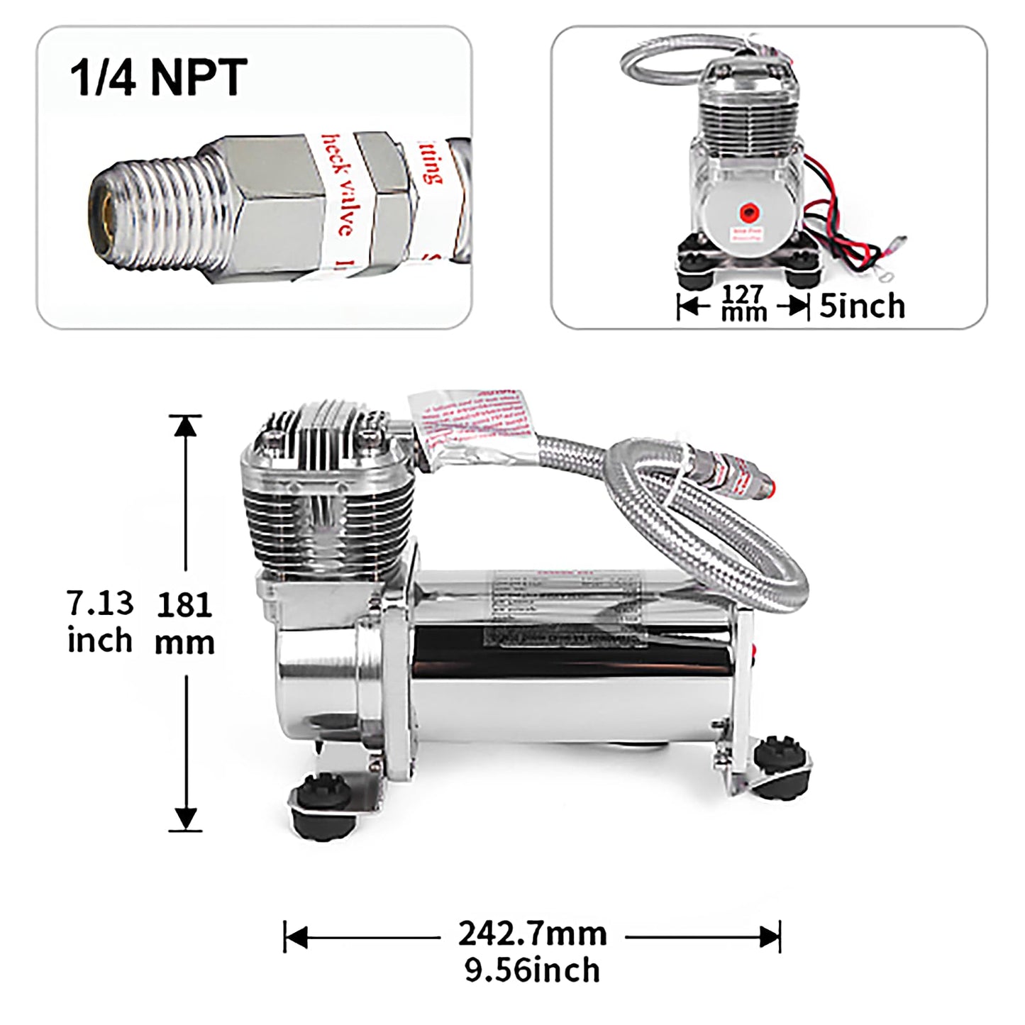 ZHSYMX Ultra Quiet Air Compressor, 300PSI 1/4 NPT Super Silent 69DB Truck/Car Train Horn/Suspension/Ride/Bag kit/System and All 12v Vehicles like Semi/Pickup Trucks Silver