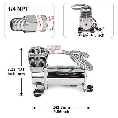 ZHSYMX Ultra Quiet Air Compressor, 300PSI 1/4 NPT Super Silent 69DB Truck/Car Train Horn/Suspension/Ride/Bag kit/System and All 12v Vehicles like Semi/Pickup Trucks Silver