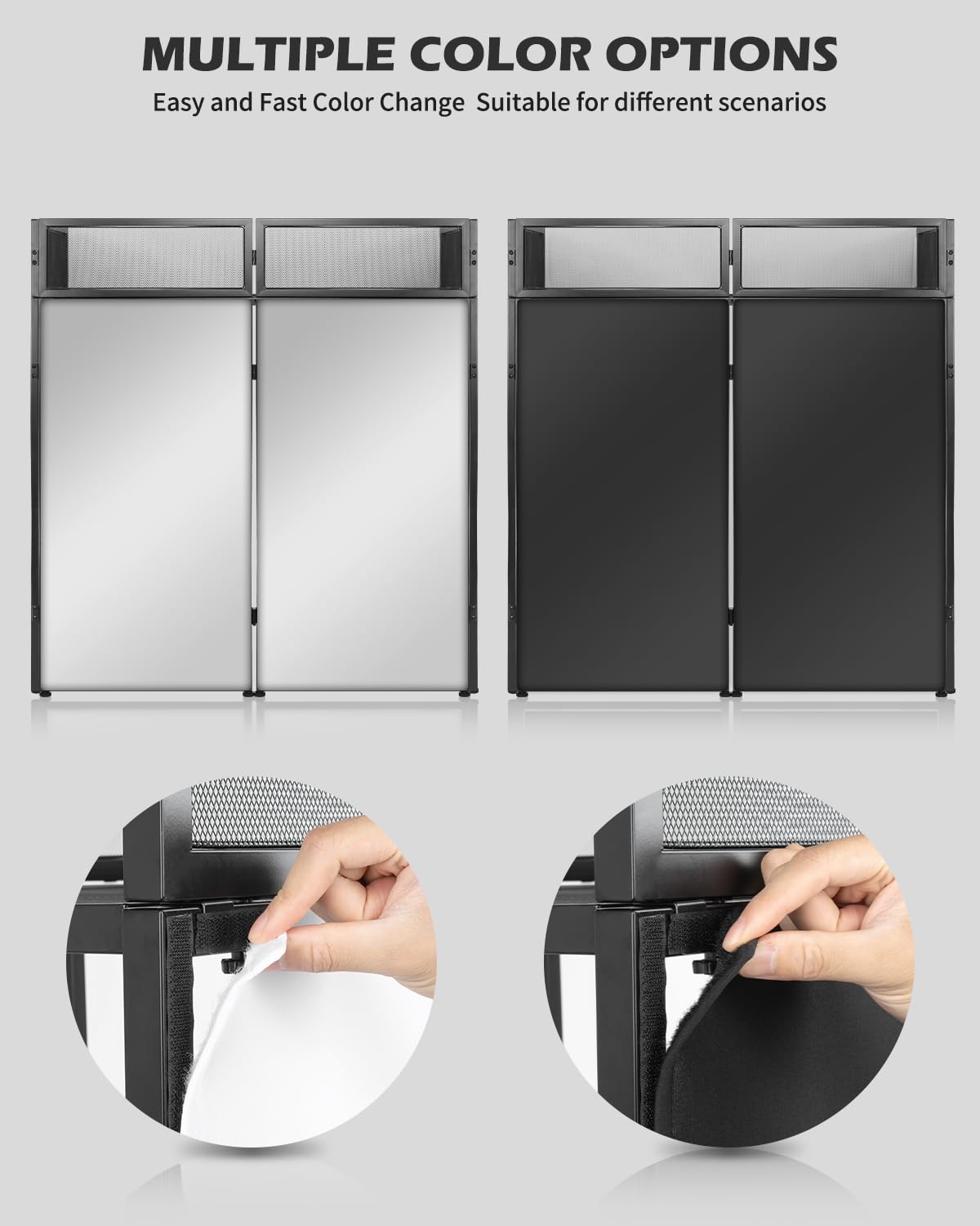 STRICH Portable DJ Facade Table Station, Foldable DJ Booth with Black & White Scrim, 44”X 20” Metal Frame Display Stand with Removable Triangle Shelf, Cable Hole and Carry Bag for Show, Party, Studio