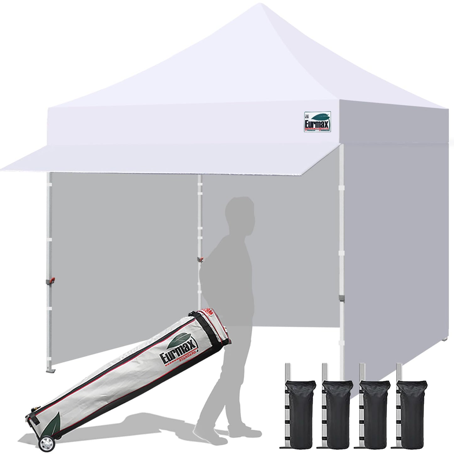 Eurmax USA 10x10 Pop Up Canopy,Commercial Tent with Patented No-Tip Rolling Bag,30sqft Extension Awning & 4 Zippered Removable Walls,UV & Water Resistant,Heavy Duty Instant Shelter Gazebo,White