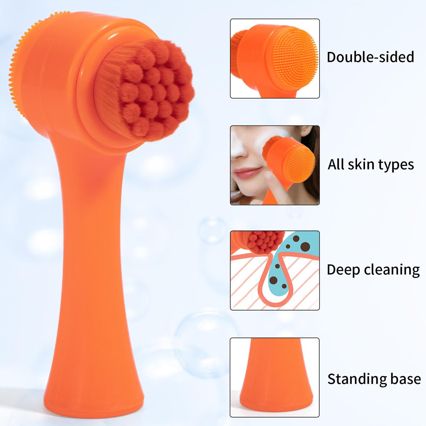 Face Brush 2 in 1, Facial Cleansing Exfoliating Scrubber Brush, Silicone Double Side Manual Face Wash Scrub Brush with Soft Bamboo Charcoal Fiber for Deep Pore Cleansing, Massaging, Skin Care