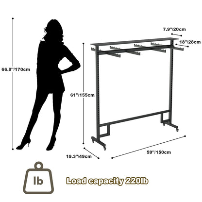 BFECGDXT Retail Clothing Rack with Adjustable 8 Arms, Portable Boutique Display Hanging Stand on Wheels and Top Shelf, Floor Standing Metal Garment Shirts Racks, Black