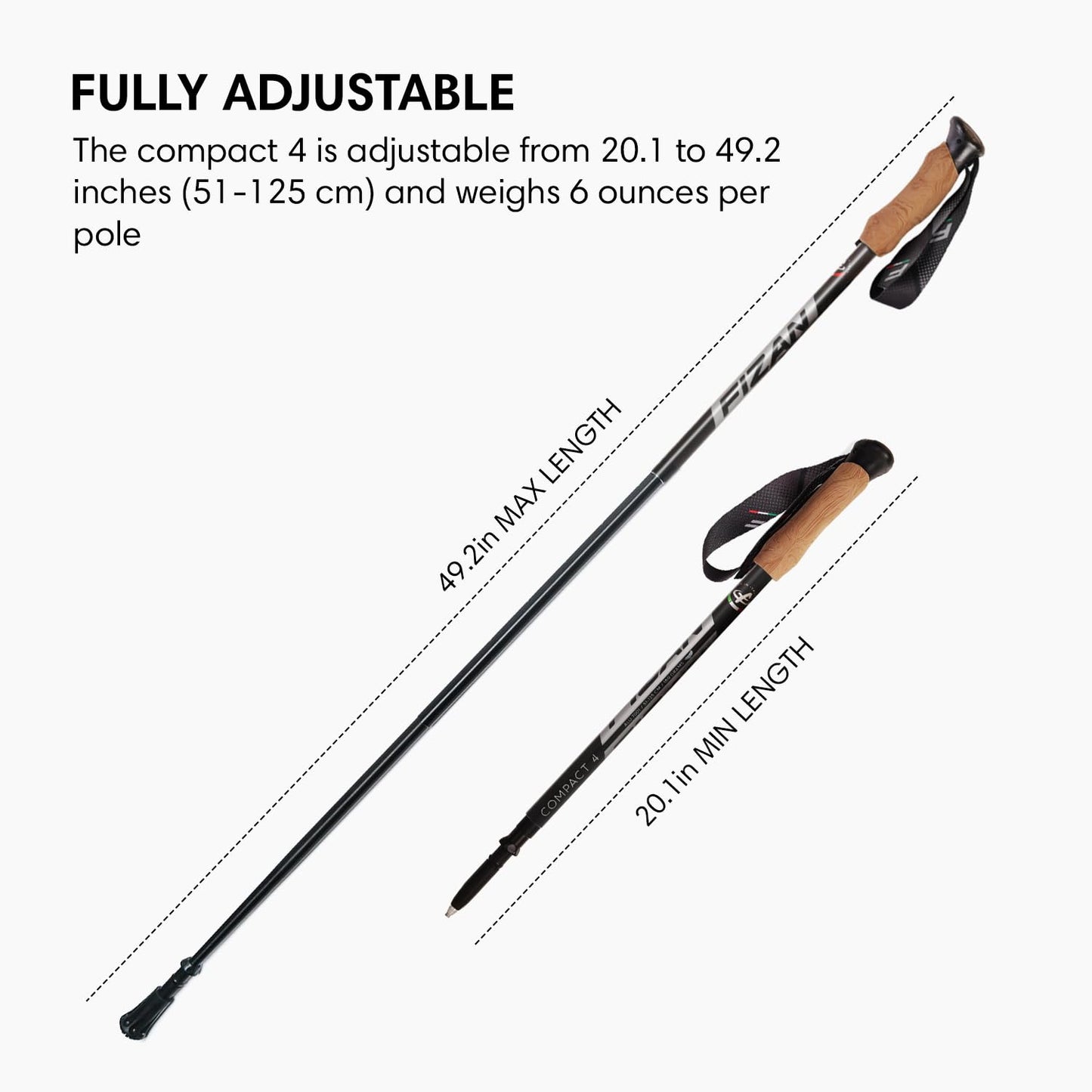 Fizan Compact 4 Trekking Poles – Ultralight, Backpacking, Thru Hiking Poles, Adjustable, Collapsible, Customized Fit, Cork Grips, Aluminum Walking Sticks (Black/EVA Cork)