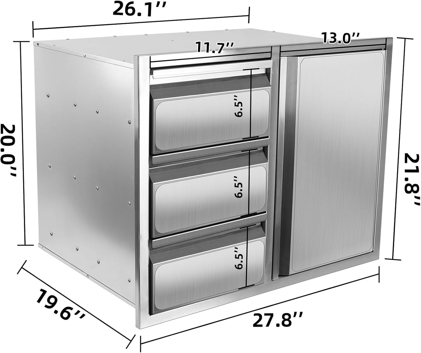 Outdoor Kitchen Drawer Combo, Stainless Steel Sealed Storage Combo with Triple Drawers, Outdoor Kitchen for BBQ Island, Grilling Station, Outside Cabinet (27.8" W x 21.8"D x 19.6" H)（Left Drawer）