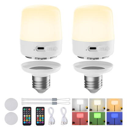Minetom E26 Rechargeable Light Bulbs with Remote and Timer, Battery Backup Bulb with 12 Colors and Brightness Dimmable, 2300mAh 40W Equivalent LED Light Bulbs for Lamps Sconces Camping, 2 Pack