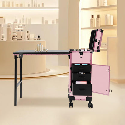 faoeqqEga 3 Tier Rolling Makeup Case w/Mirror, 110 Lbs Foldable Beauty Station w/Lighted Vanity, Aluminum Frame Travel Cosmetic Organizer for Stylist & Salon (Pink)