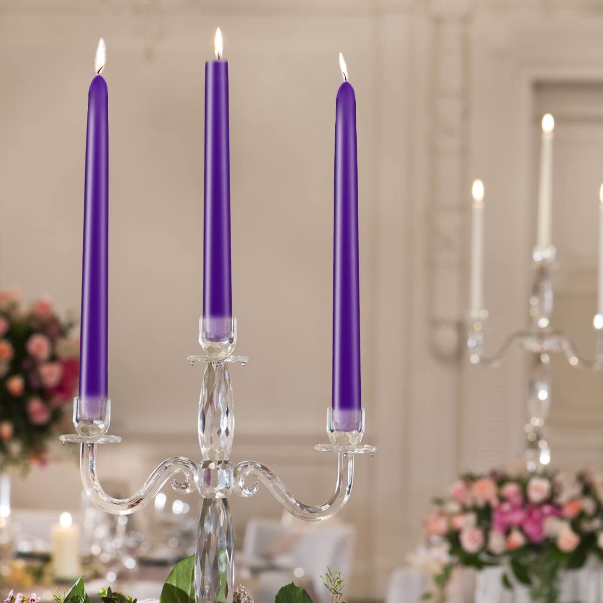 Purple Taper Candles, Set of 24 Unscented and Smokeless 10 Inch Taper Candles Long Burning, Paraffin Wax with Cotton Wicks for Burning Approxinately 7-8 Hours Time