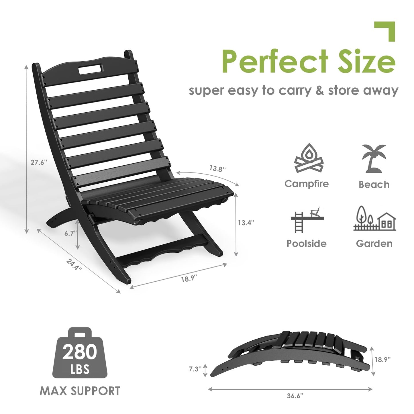 GREENVINES Folding-Xavier-Chair | Wave | Portable Adirondack-Chairs | HDPE Plastic | All Weather Fire-Pit Chair | Black | for Beach Outdoor Deck Poolside Garden Patio Porch Fishing